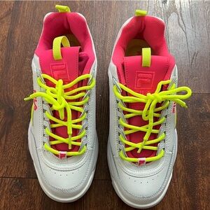 Fila White and Pink Sneakers with Neon Yellow Laces